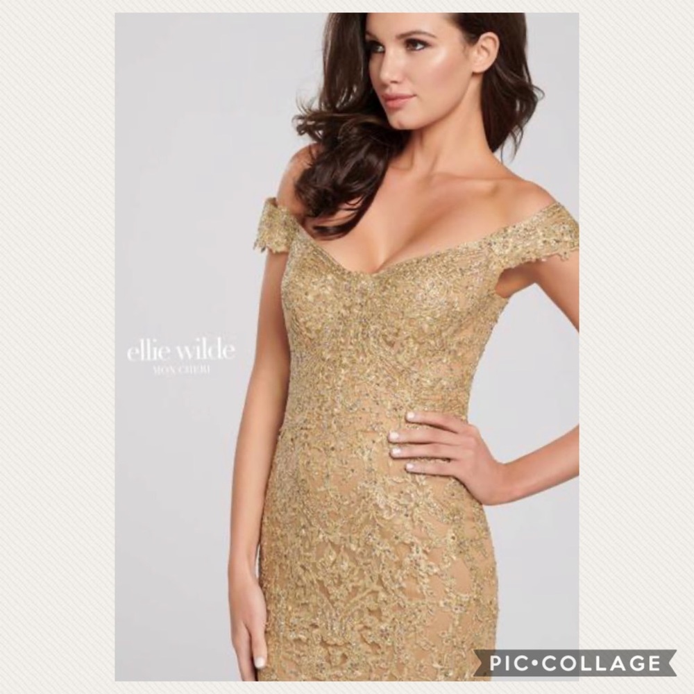 Brand new Ellie Wilde mermaid off the shoulder gold long Gown - Picture 3 of 5